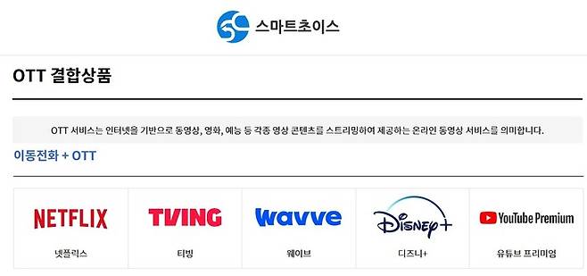 ▲스마트초이스의 OTT와 통신사 결합할인 조회 서비스. 사진=스마트초이스 홈페이지 갈무리