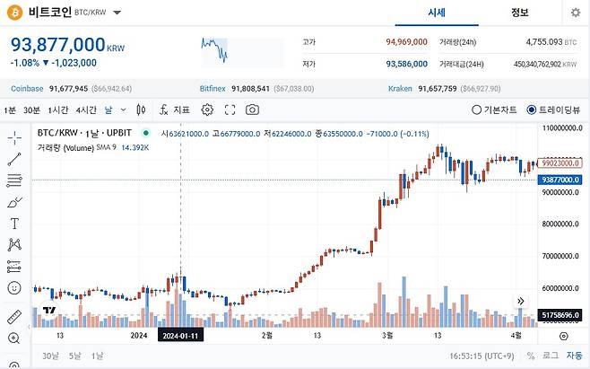비트코인 일간 시세 차트. /사진=업비트 캡처