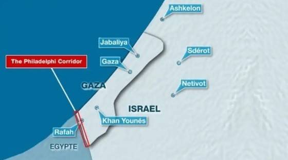 필라델피 회랑의 위치가 빨간색 네모 박스로 표기돼 있다. (출처 : Jerusalem Center for Public Affairs)