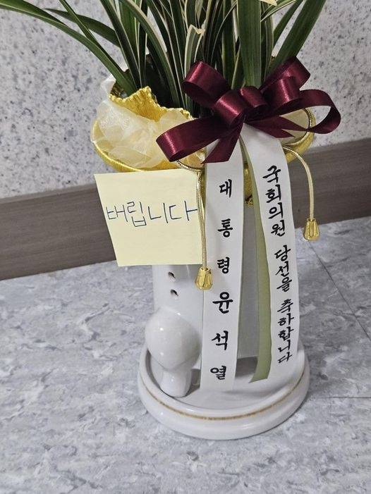 윤석열 대통령이 22대 국회의원들에게 보낸 축하 난. ‘버립니다’가 적힌 접착식 메모지가 붙어있다. 김준형 조국혁신당 의원 페이스북 갈무리
