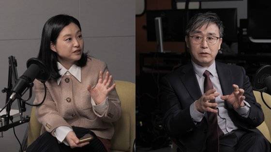 책 '73년생 한동훈' 저자 심규진스페인 IE대학 교수(왼쪽)와 김덕영 건국전쟁 감독(오른쪽)이 건국전쟁을 주제로 대담하고 있다.