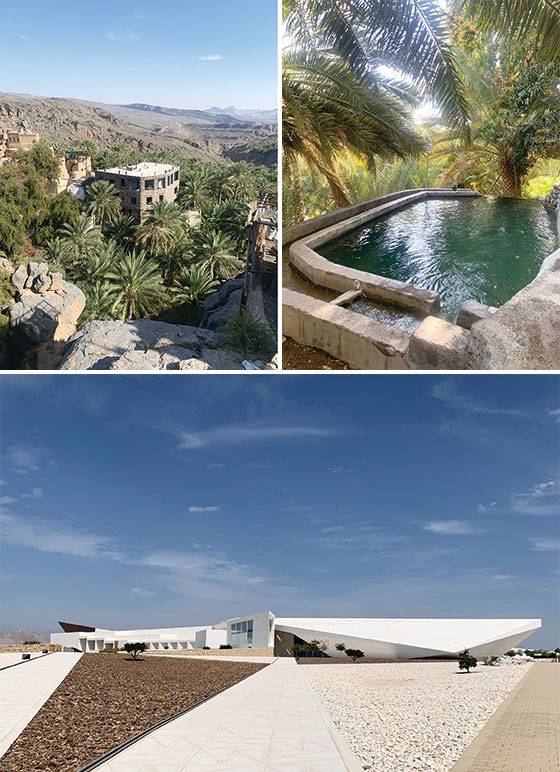 (좌로부터 시계방향)녹색 야자수 정원의 오아시스가 있는 곳, ‘미스팟 알 아브리옌’, 오만 관개 시스템인 ‘팔라즈, ‘오만 어크로스 에이지 뮤지엄’ 외부 전경