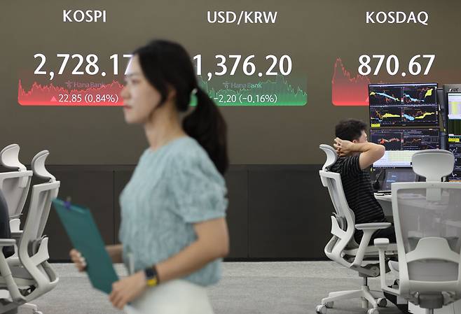 12일 오후 서울 중구 하나은행 딜링룸 현황판에 코스피·코스닥 종가가 표시돼 있다. /연합뉴스