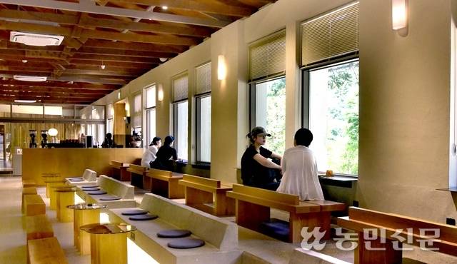 학교 건물을 활용해 지은 카페의 풍경. 교실 창을 그대로 사용했다.