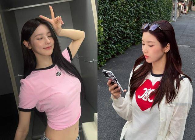 그룹 (여자)아이들 미연과 권은비의 링거 티셔츠 스타일링. 미연 권은비 SNS