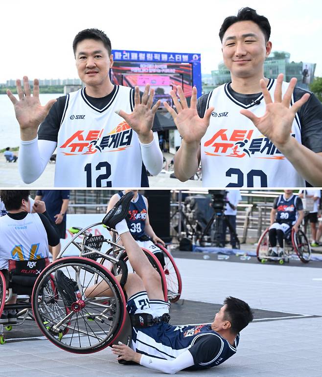 김병철과 정영삼이 지난 15일 어울림 3X3 휠체어 농구대회 8강전을 마친 뒤 손바닥을 펴 보이고 있다. 아래는 결승전 도중 넘어진 김병철. 대한장애인체육회 제공