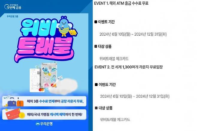 우리금융지주 및 위비트래블 체크카드 가입 페이지.