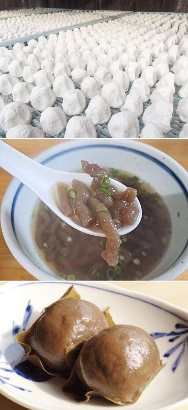 위에서부터 고구마 전분을 한 달간 발효시켜 공모양으로 말린 센, 그 센으로 만든 국수 ‘로쿠베’ 센 반죽으로 쪄낸 떡(센모찌)에 팥이나 고구마 앙금을 넣은 ‘센치마끼’. 일본 대마도시청 제공