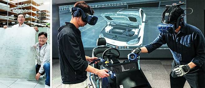 손으로 그리던 도면, 이젠 VR로 - 지난달 10일 경기 화성 남양연구소. 연구원 두 명이 VR(가상현실) 기기를 착용한 채, 가상 공간에 구현된 전기차 아이오닉 6의 보닛을 열어 살펴보고 있다. 첨단 신차 개발도 같은 방법으로 진행되는데, 보안상 이유로 이미 개발된 아이오닉6를 띄워 놓은 것이다. 왼쪽 사진은 도면실에서 김재신·김경원 책임연구원(왼쪽부터)이 포니 차체 도면을 들고 있는 모습이다. /고운호 기자