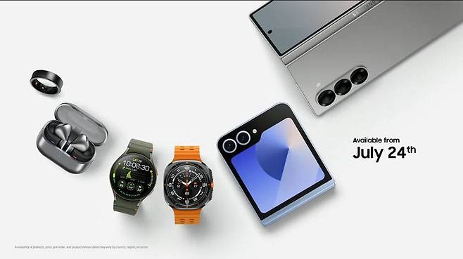 '갤럭시 언팩 2024’에서 발표된 (왼쪽부터) ‘갤럭시 링’, '갤럭시 버즈3 프로', ‘갤럭시 워치7’, ‘갤럭시 워치 울트라’, ‘갤럭시 Z 플립6’, ‘갤럭시 Z 폴드 6’ / 출처=삼성전자