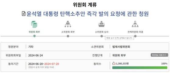 지난달 20일 등록된 '윤 대통령 탄핵소추안 즉각 발의 요청에 관한 청원'. 사진 국회청원