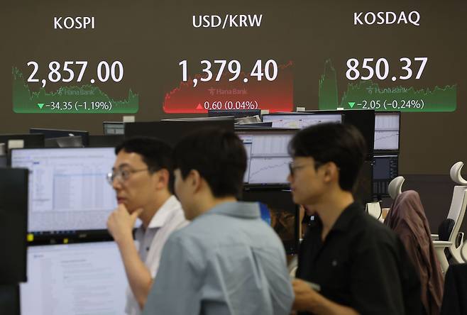 7월 12일 오후 서울 명동 하나은행 본점 딜링룸 현황판에 코스피·코스닥 지수와 원·달러 환율이 표시돼 있다. /연합뉴스