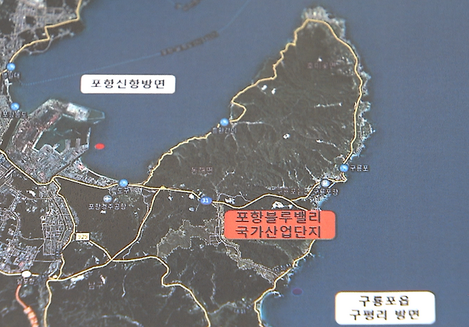 포항 블루밸리국가산업단지 위치도. 구룡포 바다까지는 약 1km, 영일만항(포항신항)까지는 약 11km 떨어져 있다.