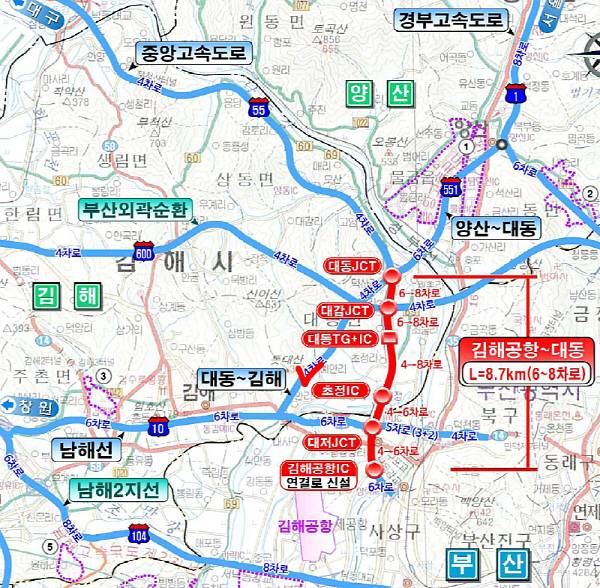 중앙고속도로(김해공항~대동) 확장 사업 계획 노선 위치도. 국토교통부 제공