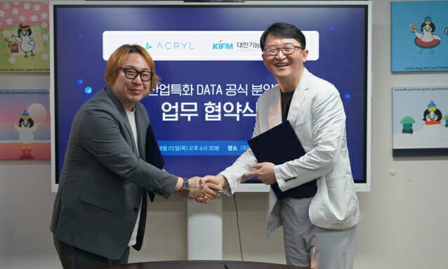 박외진 아크릴 대표(왼쪽)와 김범택 대한기능의학회 이사장이 MOU를 맺고 있다.