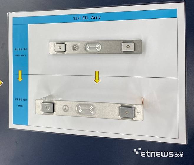 신흥에스이씨가 울산공장에서 생산하는 각형 배터리 부품 반제품인 멀티 어셈블리(위쪽). 미국공장에서 완제품인 캡 어셈블리로 조립된다.