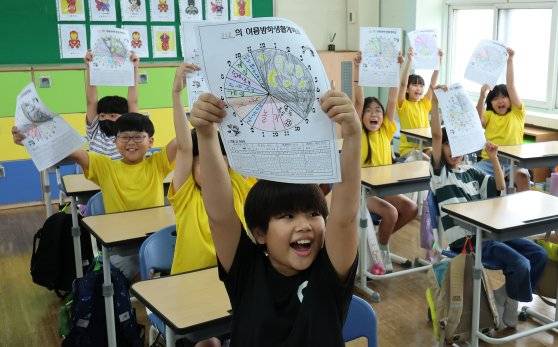 지난달 19일 서울 동작구 한 초등학교에서 학생들이 직접 만든 생활계획표를 들고 있다. 뉴스1