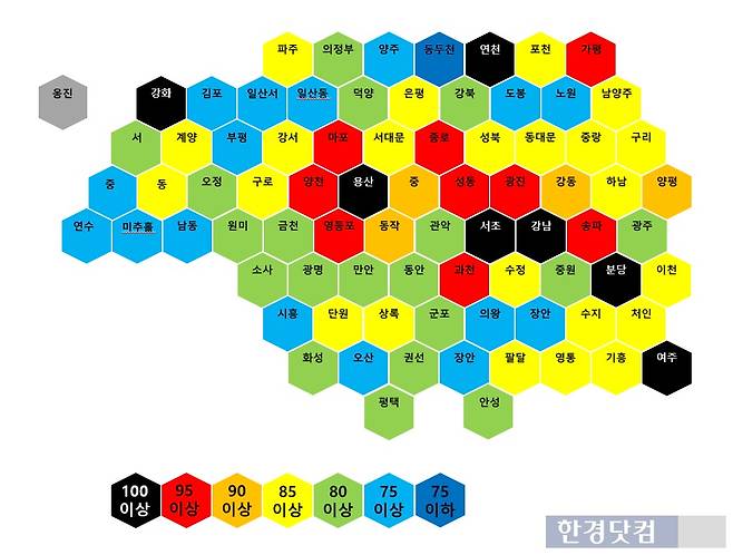 KB부동산 월간 선도아파트 가격지수를 바탕으로 시군구별 상위 10개 아파트 지수를 표현한 카토그램. 사진=오세성 한경닷컴 기자