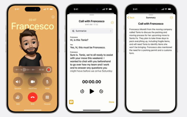 애플이 2024 세계개발자회의(WWDC)에서 통화 녹음·요약 기능을 소개하는 모습