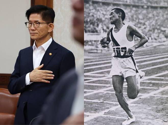 2일 국회 예산결산특별위원회 전체회의에 참석한 김문수 고용노동부 장관(왼쪽)과 1936년 베를린올림픽 결승선을 통과하고 있는 손기정. 연합뉴스, 손기정 기념관 누리집 갈무리