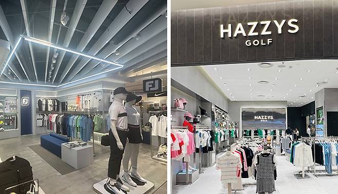 태국 방콕 엠포리움 백화점의 FJ어패럴 매장.(왼쪽)
베트남 하노이 롯데몰의 헤지스골프 매장.