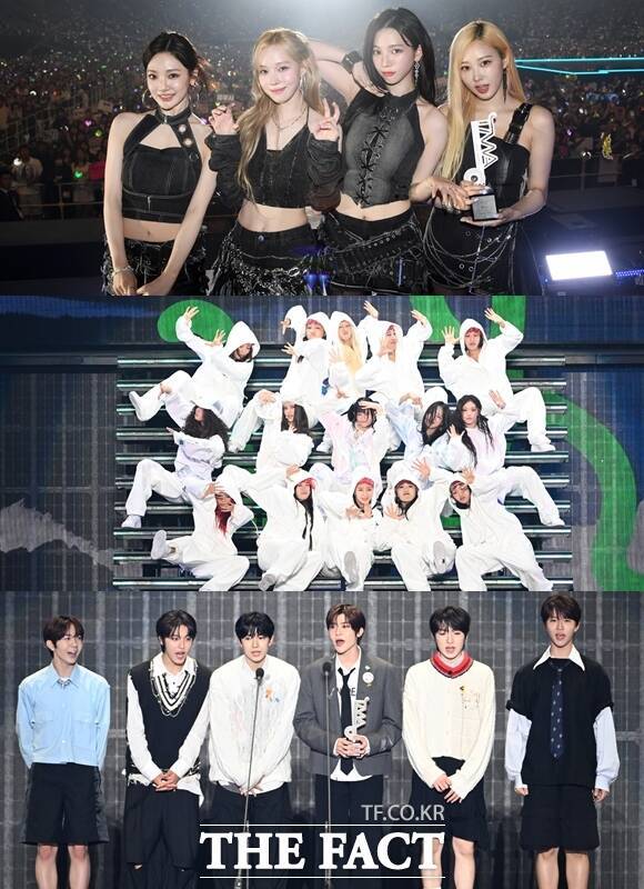에스파(위쪽)는 '2024 더팩트 뮤직 어워즈' 대상을 받았고 뉴진스(가운데)는 4관왕으로 글로벌 신드롬을 입증했다. /교세라 돔 오사카=이새롬·남윤호·박헌우 기자