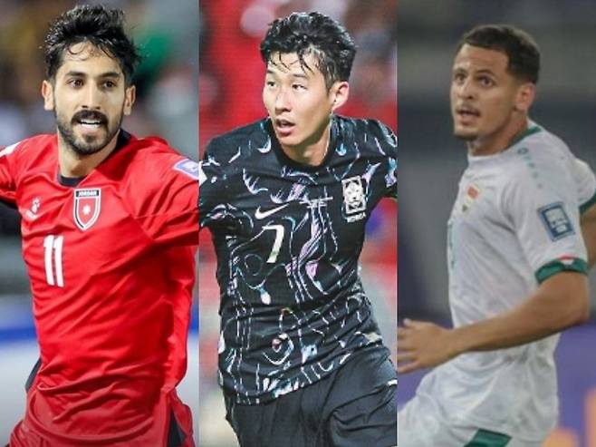 요르단 야잔 알나이마트, 한국 손흥민, 이라크 알리 알하마디(왼쪽부터)는 2026북중미 월드컵 아시아 최종예선 B조에서 각 팀의 득점을 책임져야 한다. 사진출처|아시아축구연맹, 대한축구협회, 이라크축구협회