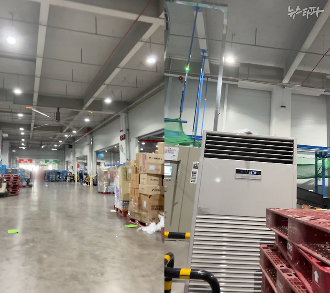 지난 8월 21일 촬영한 쿠팡 제주 서브허브의 내부 모습. 거대한 물류센터에 스탠드형 에어컨 하나만 놓여 있다(오른쪽 사진). 천장에는 공기순환장치가 돌고 있고(왼쪽 사진), 일부 작업대에 선풍기가 가동되고 있다.