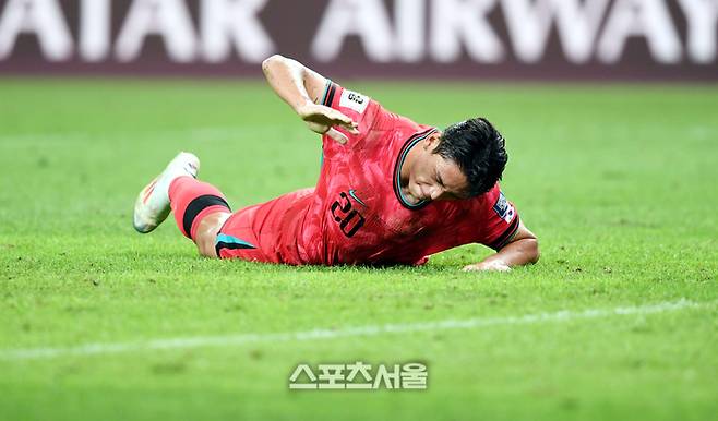 오세훈이 5일 서울월드컵경기장에서 열린 2026 북중미월드컵 3차 예선 팔레스타인과 경기에서 골기회가 무산되자 아쉬워하고 있다. 상암 | 최승섭기자 thunder@sportsseoul.com