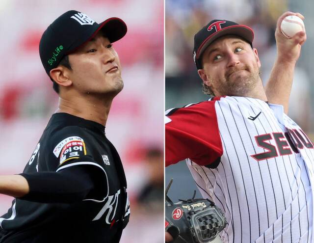 2024 신한 SOL뱅크 KBO 포스트시즌 준OP 1차전 맞대결을 벌일 KT 위즈 선발 고영표(왼쪽)와 LG 트윈스 엔스.연합뉴스