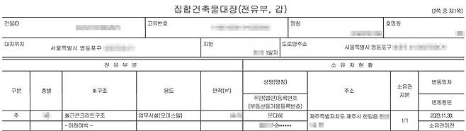 문다혜씨의 영등포구 오피스텔 건축물대장