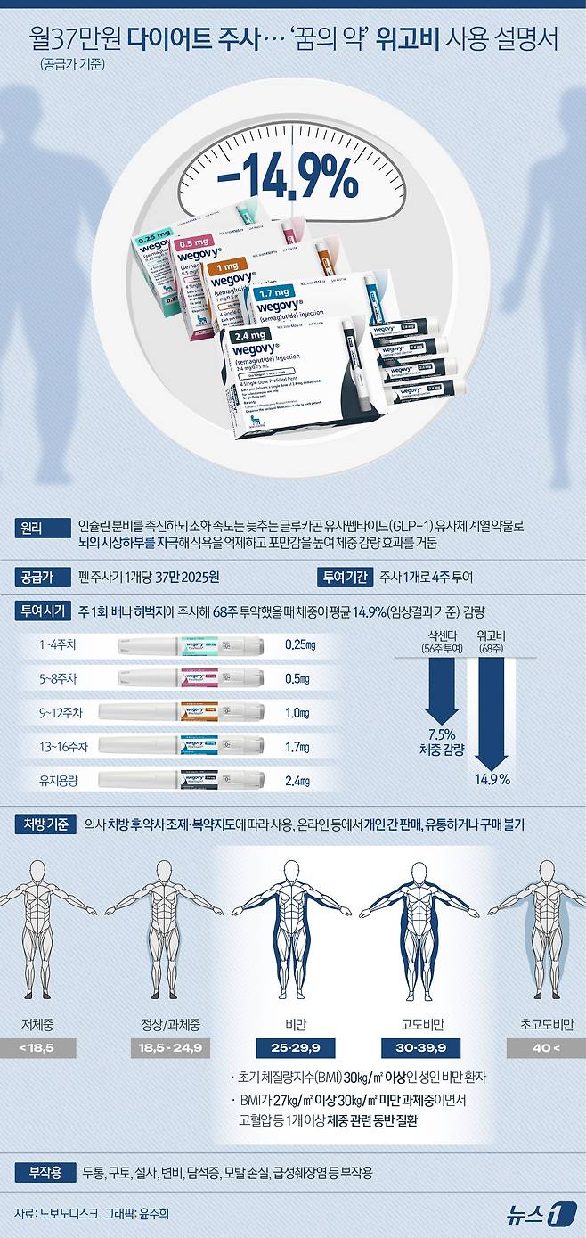 '꿈의 비만약'으로도 불리는 노보노디스크의 '위고비'(성분명 세마글루타이드)가 15일 국내에 출시했다. 주 1회 배나 허벅지에 주사해 68주 투약했을 때 체중이 평균 14.9%(임상결과 기준) 줄어드는 것으로 나타났다. ⓒ News1 윤주희 디자이너