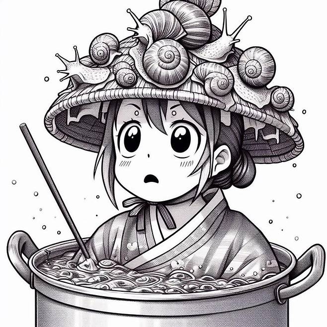 “한복을 곱게 차려 입고 우렁된장찌개 냄비 안에서 당황스런 표정을 짓는 예쁜 색시를 그려주세요.”라고 빙 이미지 크리에이터에 간청했다. 달팽이 갓을 쓴 어우동이 나왔다.