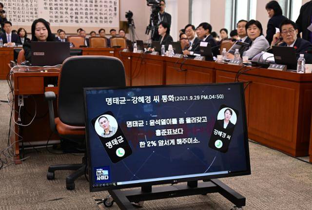 서영교 더불어민주당 의원이 지난 15일 국회 법제사법위원회에서 열린 감사원 등에 대한 국정감사에서 명태균씨와 김영선 전 의원의 회계책임자 강혜경씨와의 통화내역을 공개하며 질의하고 있다. 고영권 기자