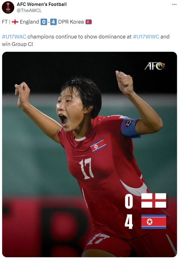 북한이 24일(한국시간) 열린 2024 FIFA U17 여자 월드컵 조별리그 최종전에서 잉글랜드를 4-0으로 완파했다. (AFC SNS 캡처)