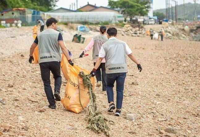 코리안리재보험 임직원들이 반려해변인 ‘당진 용무치 해변’에서 해양 쓰레기 수거작업을 펼치고 있다. ⓒ코리안리재보험