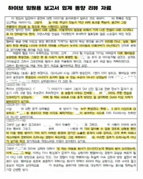 아이돌의 외모를 품평한 하이브의 내부 보고서. 민형배 의원실 제공