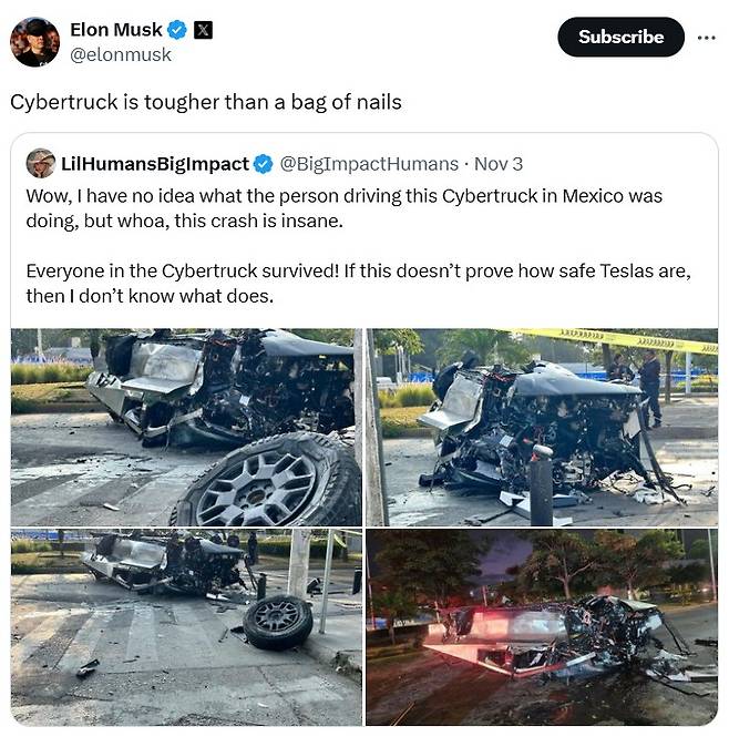 멕시코에서 벌어진 테슬라 사이버트럭 사고 사진이 SNS에서 화제가 되면서 일론 머스크가 직접 자신의 X에 이를 언급했다./사진=X 캡처