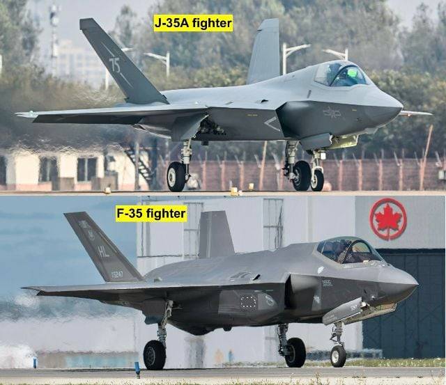 미국의 최신예 스텔스 합동공격기인 F-35(아래)와 디자인이 매우 비슷한 중국의 두 번째 5세대 스텔스 전투기 J-35/소셜미디어 X