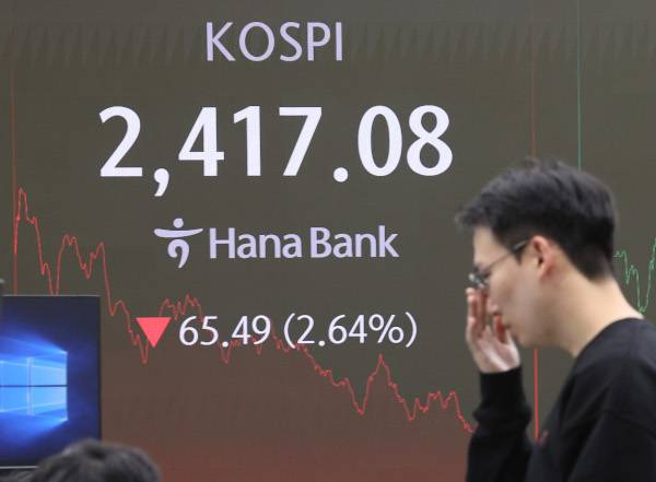 코스피가 나흘째 급락세를 지속한 13일 서울 중구 하나은행 본점 딜링룸에서 직원들이 업무를 보고 있다. 연합뉴스