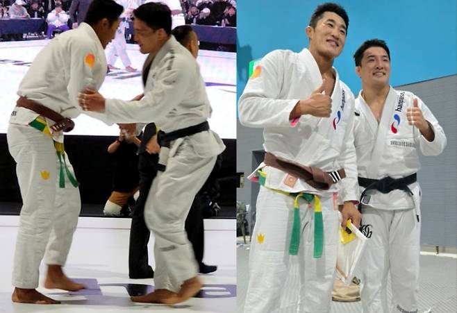 지난 23일 서울무역전시컨벤션센터(SETEC)에서 열린 '프로 그래플링대회 Hanpass Invitational'에서 주짓수 경기(사진 왼쪽)를 벌이고 있는 김동현(43)과 구본철(28). 사진 오른쪽은 두 선수의 경기 이후 모습. 구본철 SNS 캡처