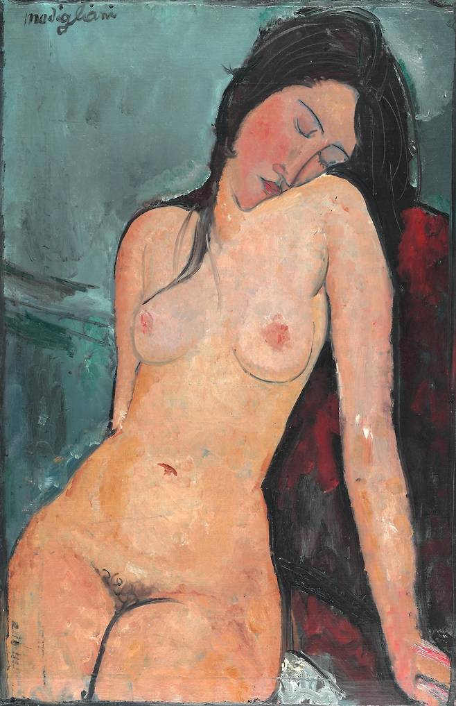 아메데오 모딜리아니, 앉아있는 누드, 1916년경, 캔버스에 유채, 92.4x59.8cm, 코톨트 아트 인스티튜트. 모딜리아니가 1917년 말, 생애 첫 개인전을 열고 선보인 누드화는 이런 작품이었으리라. 모딜리아니는 그림에 솔직함을 담고 싶었다. 인간의 원초적 욕망, 꾸밈 없는 태도를 직관적으로 표현하고 싶었다. 하지만 그 무렵 세상은 그를 이해하지 못했다. 모딜리아니를 그저 춘화를 찍어내는 사람으로 보는 일도 부지기수였다.