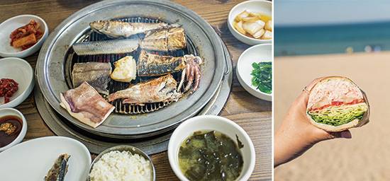 갖가지 생선이 올라간 생선구이(좌)와 홍게살 샌드위치(우)