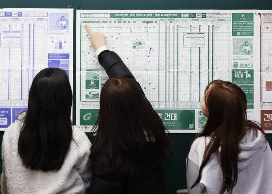 2025학년도 대학수학능력시험 성적표 배부일인 6일 오전 경기도 수원시 영통구 효원고등학교 3학년 교실에서 학생들이 대학 지원 참고표를 보고 있다. 연합뉴스