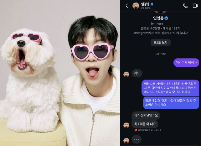 탄핵 정국에서 배우 임영웅과 나눴다는 DM이 공개돼 파문이 일었다. 온라인 커뮤니티