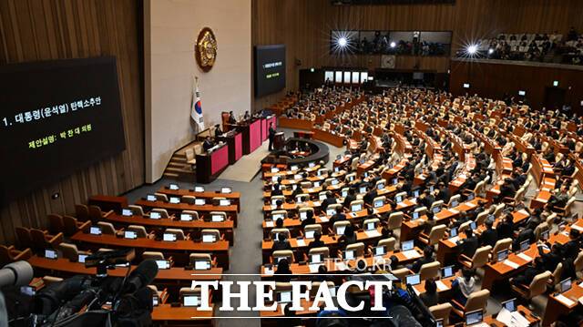 14일 서울 여의도 국회에서 '윤석열 대통령 탄핵소추안' 표결을 위한 본회의가 열린 가운데, 박찬대 더불어민주당 원내대표가 제안 설명을 하고 있다./국회=이새롬 기자