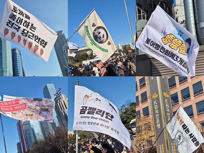 14일 국회의사당 앞 윤석열 대통령의 두 번째 탄핵소추안 표결을 앞두고 모인 시민들이 들고 온 ‘이색 깃발’. 김용재·김도윤 기자