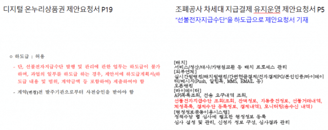소진공이 지난 6월 사업과 관련해 업체들에게 보낸 제안요청서(왼쪽)와 한국조폐공사가 하도급 업체를 선정하기 발송한 제안요청서. 발행 및 관리 업무는 한국조폐공사가 직접 해야 하지만 하도급 업체에게 이 업무를 맡아달라는 내용이 그대로 표기돼 있다. (사진=지디넷코리아 DB)