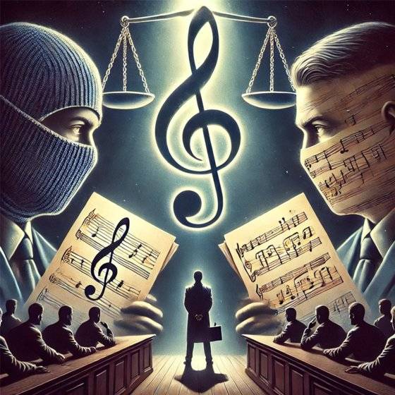 AI가 그린 그림. 머니코드를 사용한 두 노래가 표절 의혹에 휩싸인 모습을 표현했다.