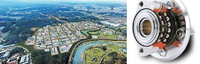 영주 첨단베어링 국가산업단지 조감도. 영주시 적서동과 문수면 일원에 약 118만㎡ 규모로 조성된다. 오른쪽은 3세대 베어링(볼) 모습.